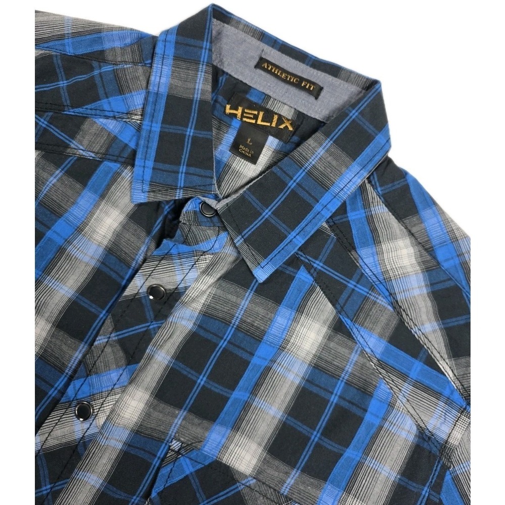 HELIX Athletic Fit Black & BLUE Plaid Shirt Western Style Pearl Snap‎ Mens Sz L